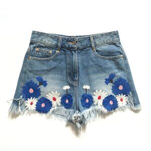 SJYP Cut Off Denim Shorts Womens Small Blue White High Rise Embroidered Flowers